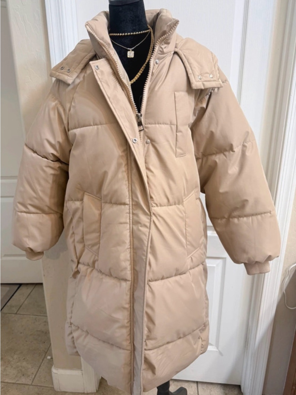 Women's Long Puffer Coat in Beige - Classic Warmth